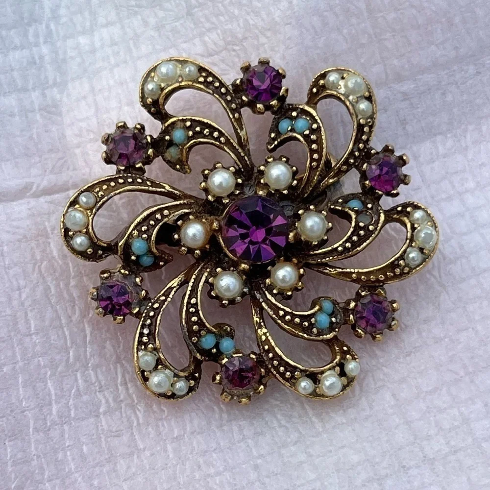 Vintage Purple Rhinestone Brooch Pin with Blue and Pearl Accents